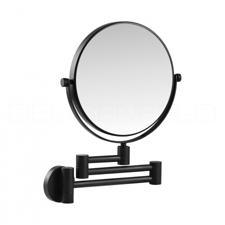 DEUSENFELD K523B - Doppel Wand Kosmetikspiegel, 3-Armig, 5x Vergrößerung + Normalspiegel, Ø20cm, 360° vertikal und horizontal schwenkbar, 44cm ausklappbar, matt schwarz